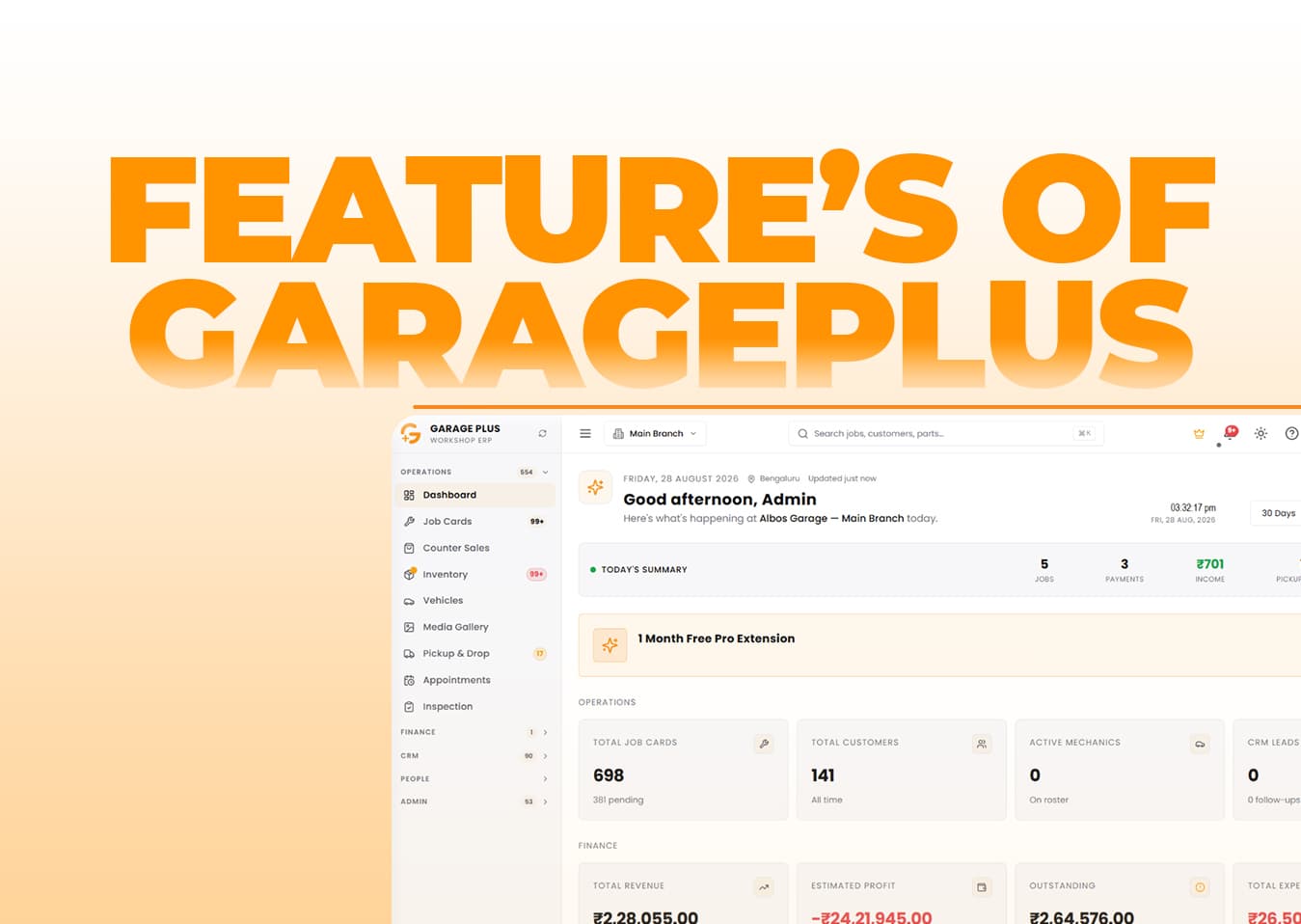 Garage Plus Workshop Management dashboard