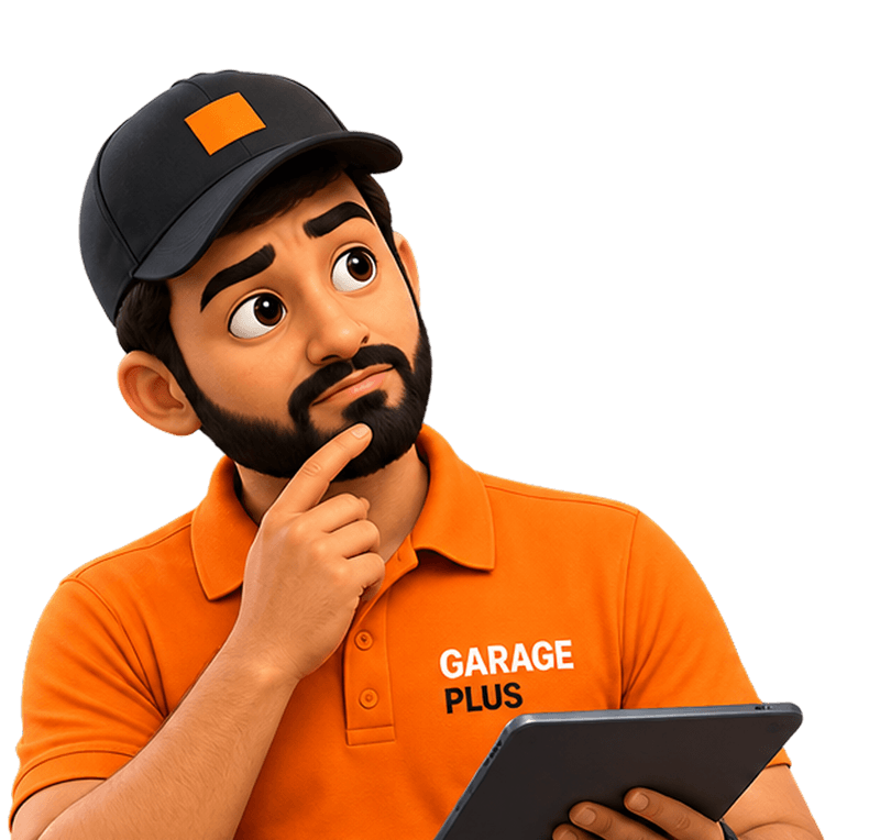 Garage Plus mascot holding a tablet